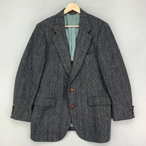 Vintage Harris Tweed Blazer Jacket Mens 38 Grey Wool Herringbone 2-Button Preppy
